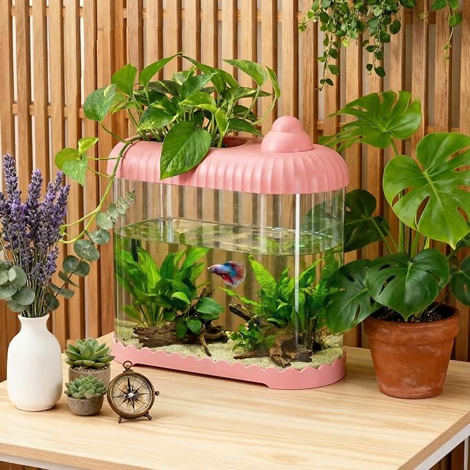 Geelin Pink 2 Gallon Plastic Aquaponic Betta Fish Tank Large Bowl Shatterproof Small Ecosystem Aquarium with Secure Buckle Lid, Clear Clarity for Terrarium, Flower Vase Betta Fish Tabletop Gifts