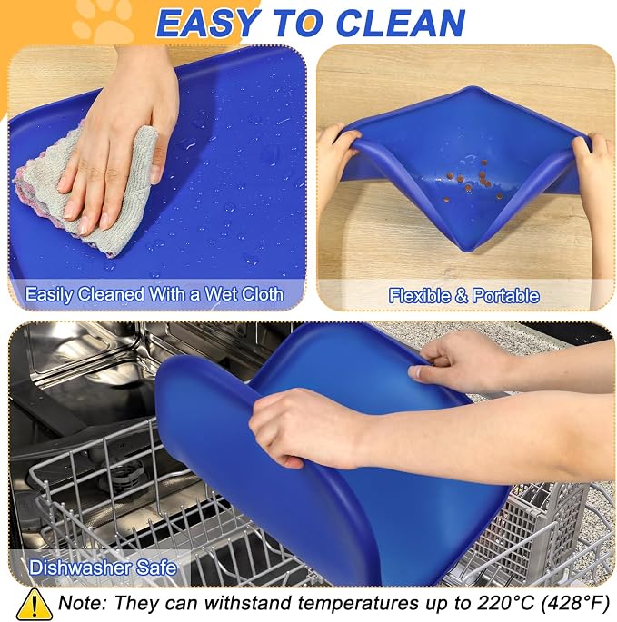 SMILOOL Waterproof Silicone Pet Food Mat with Raised Edge for Dog & Cat | 19" x 12" Non-Slip Pet Feeding Mats with Lip for Food & Water Bowl, Food Grade, Easy Cleaning, Navy Blue