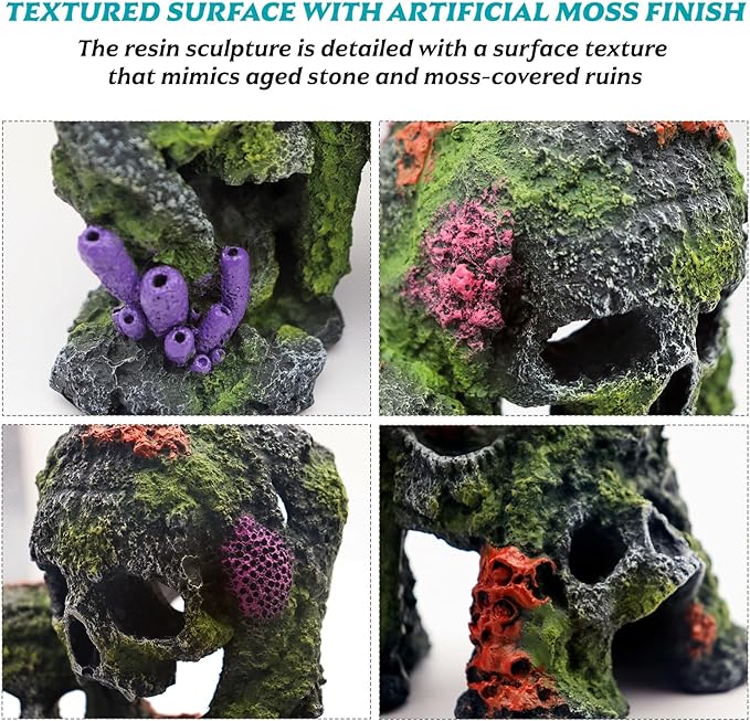 Betta Fish Tank Decorations Hideout - Triple Skull Hiding Cave for Aquarium, Resin Ornament with Artificial Moss Texture and Multiple Entrances for Shrimp, Small Fish - 7.3x4.9x6.1inch