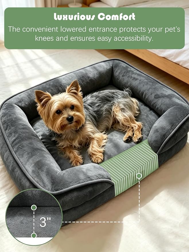 Spotted Play Orthopedic Dog Bed with Sides - Sofa Beds for Small Dogs, Supportive Foam Pet Couch Bed with Washable Removable Cover, Waterproof Lining and Non-Slip Bottom, Dark Grey - S