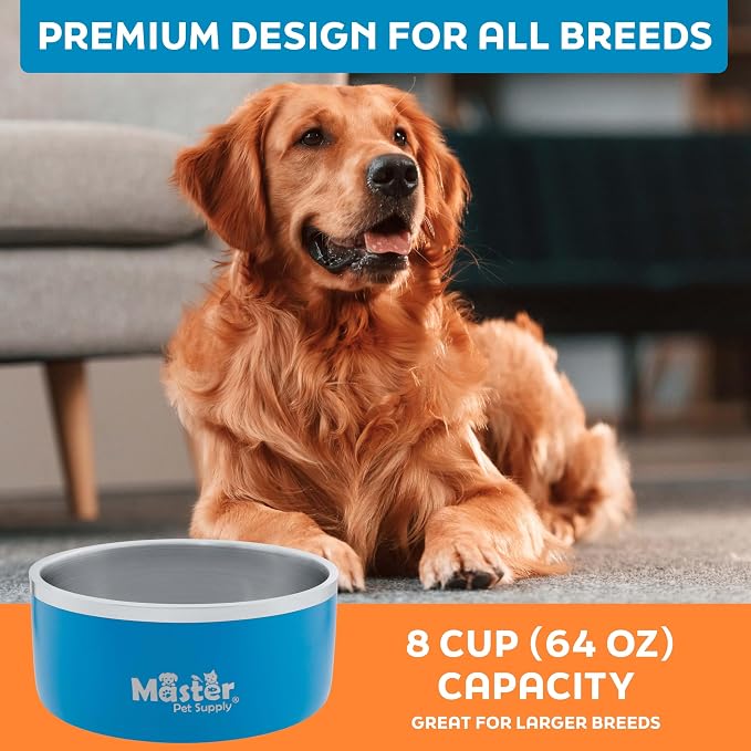 Master Pet Supply Stainless Steel Dog Bowls - 64 oz, Heavy Duty - True Blue, Double Wall Extra-Thick Insulated, Non-Slip Pet Water Bowl for Dogs, Cats & Pets, Anti Rust Metal, Dish Washer Safe