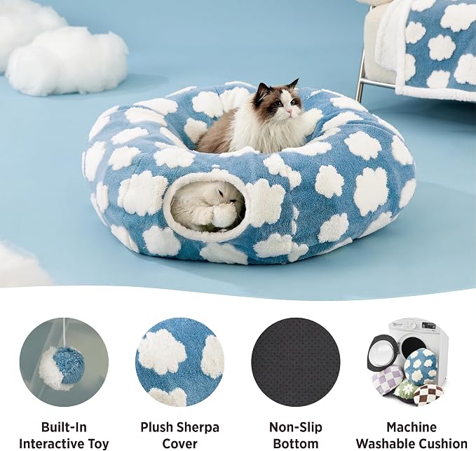 Lesure Donut Cute Jacquard Cat Tunnel Bed Kitten Toys for Puppy Bunny | 33.5x33.5x10in,Round Cat Bed Tube for Indoor Cats Rabbit Dog,Pet Peekaboo Cave Toy,Spiral Hideaway,Washable Cushion,Blue