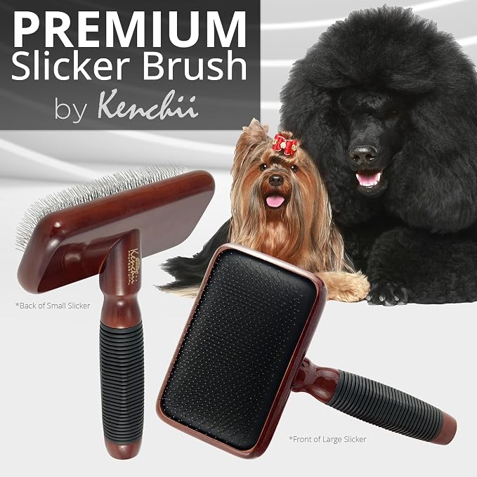 Kenchii Slicker Brush for Dogs, Professional Dog Grooming Brush for Loose Fur, Tangles, Long Short Haired, Stainless Steel Pins, Maplewood Handle, Small