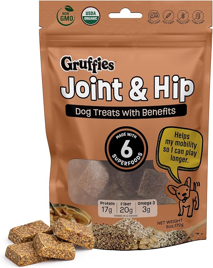Gruffies Organic Hip & Joint Dog Treats – Natural Joint Supplement for Dogs with Turmeric & Ginger, Healthy Peanut Butter Treats for Mobility, Vet Approved, Non-GMO, Made in Canada, 6 oz (Pack of 1)