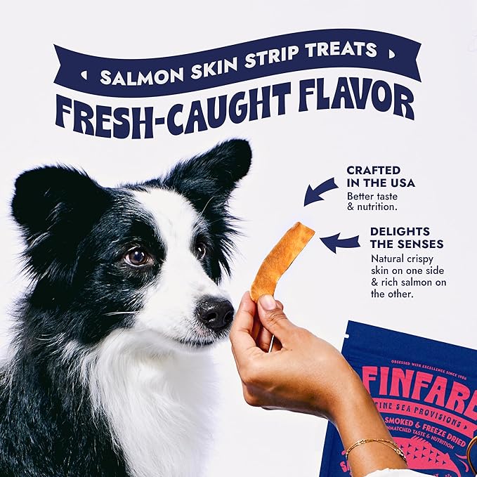 Finfare Freeze Dried Salmon Skin Treats for Dogs, Protein & Omega-3s, Grain Free Salmon Dog Training Treats, Crafted in USA, Strips - 2oz