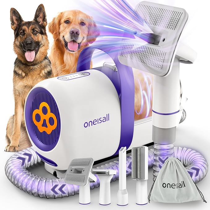 oneisall Dog Hair Vacuum Shedding Grooming Brush Kits for Pet Thick Coats | 15000Pa,3 Suction Low Noise,1.5L Dust Cup,5 in 1 Kits(Grooming/Deshedding/Cleaning Brush,Remover Roller,Crevice Tool), LM5