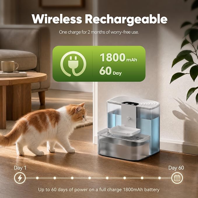 CZPET 4.5L Wireless Cat Water Fountain No Filters | Wastewater Separation, Rechargeable, Ultra Quiet, Automatic Pet Water Fountain for Cats & Small Dogs