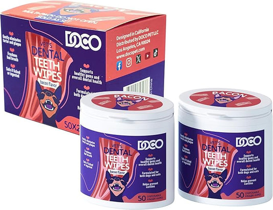 DOCO Pet Dog Teeth Cleaning Wipes – Deodorizing Finger Wipes for Dogs & Cats | Helps Reduce Plaque & Tartar Buildup, Supports Fresh Breath, No Rinse (Bacon, 100 Count)