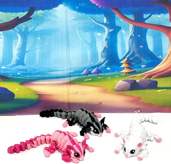 3pcs Articulating Sugar Glider Toy with 1 Tree Stump, White Pink Gray Sugar Glider Fidget Toy – Fun, Flexible & Portable Gift for Sugar Glider Lovers - 3D Printed in USA - ASG001-ASS-TS-1