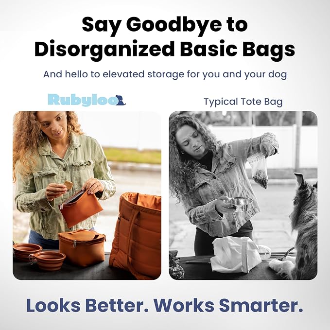 Puffer Dog Travel Bag for Dog Moms, Diaper Bag with Travel Bowls | 2 BPA-Free Collapsible Bowls, 2 Pet Food Containers, 9 Pockets, Everyday Puffer Bag Works With or Without Your Dog, Rust