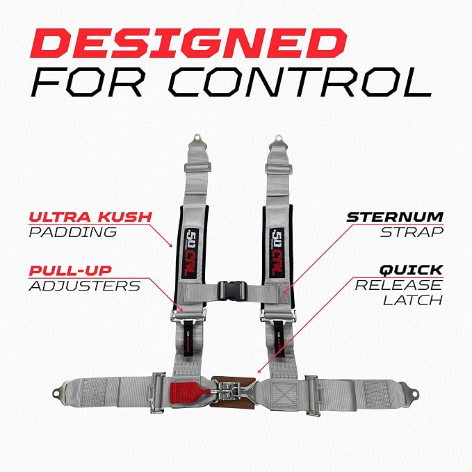 1pc 50 Cal Silver 4 Point Harness 3" straps, Racing Harness Seat Belt | Ultra Kush padding, Push Button quick release hardware. Universal Fit for UTV, RZR, race car