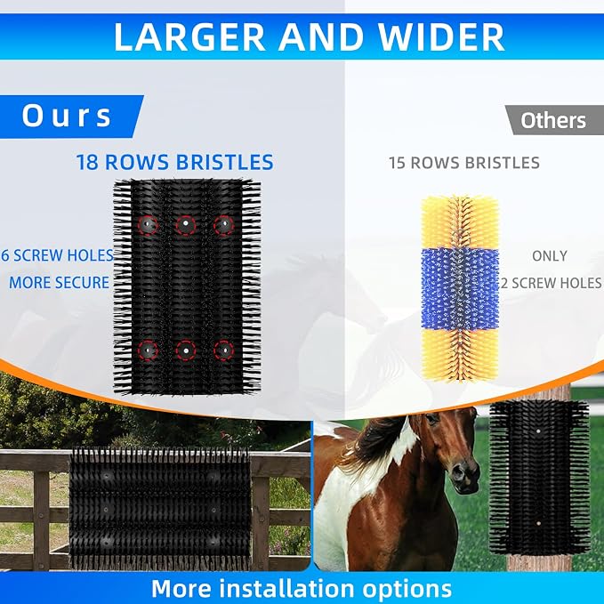 Extra Large Size Livestock Scratching Brush, Upgraded Horse/Goat/Cow/Cattle Scratcher Brush for Grooming, Itch Relief Horse Scratcher Brushes Kit with Two Sets of Mounting Screws(1-Pack,Black)