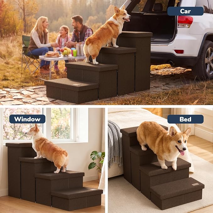 4-Step Wide Dog Stairs with Storage 23" H, Non-Slip Sturdy Pet Steps for High Bed Couch Window, Pet Stairs for Small/Medium/Large Old Dogs Cats Up to 220lbs, Cat Dog Steps for Car/SUV, Coffee