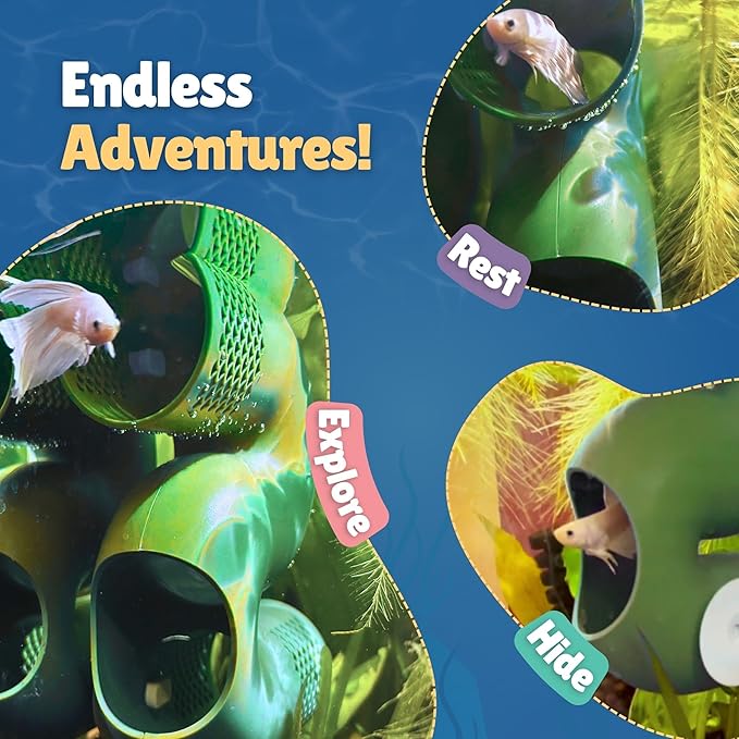 Betta Fish Tunnel Hideout | Aquarium Cave & Tunnel Decor for Betta Fish, Shrimp & Small Fish | Fish Tank Decoration, Betta Tank Accessory & Enrichment Toy (Green)
