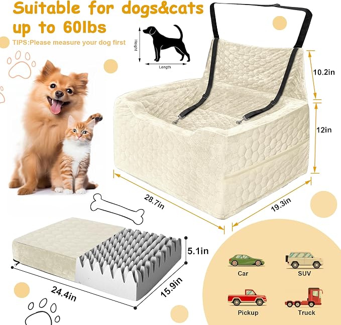 Dog Car Seat for Medium/Large Dog Booster Seat Under 60 lbs or 2 Small Dogs, Multi-Functional Pet Car Seat with Thick Cushion, 2 Safety Leashes (White)