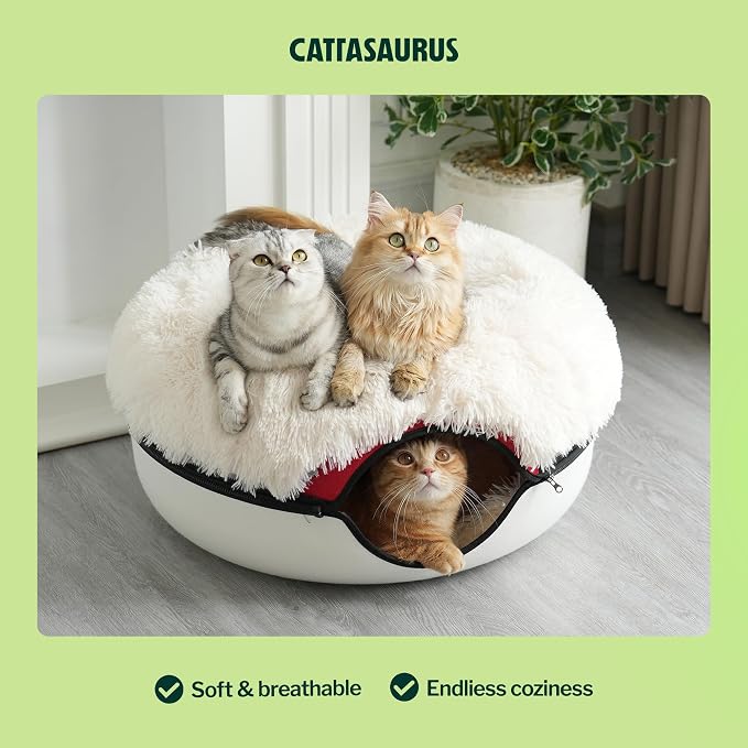 Peekaboo Cat Cave for Multiple & Large Cats Up to 30-45 Lbs, Fluffy Cat Beds & Furniture, Scratch Detachable & Washable Tunnel Bed, Comfy Donut Bed (Ruby Snowball, Large (Calming))