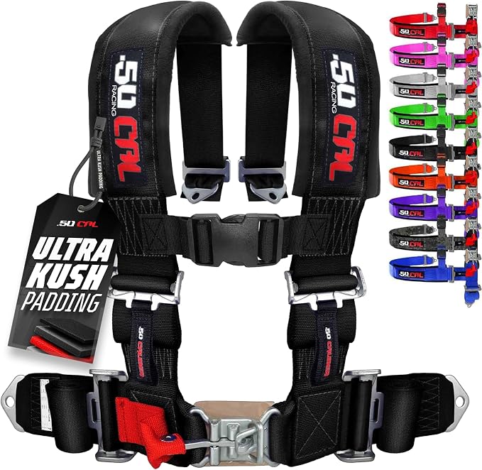 1pc 50 Cal Black 4 Point Harness 3 inch straps, Racing Harness Seat Belt | Ultra Kush padding, Push Button quick release hardware. Universal Fit for UTV, RZR, race car
