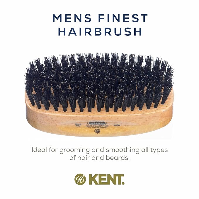 Kent MS23 Finest Men's Rectangular 100% Natural Satinwood & Beechwood Military Hair Brush with Medium Black Bristle for Mens Grooming, Scalp Brush, 360 Wave, and Beard Straightener