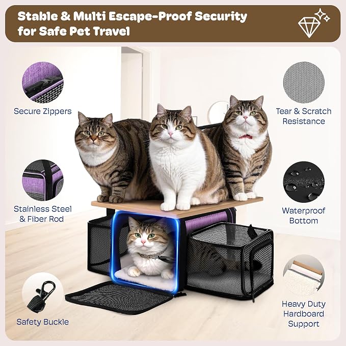 Top and 2 Sides Expandable Pet Carrier 17x11x9.5, TSA Airline Approved Small Dog Carriers for Small Dogs, Soft-Sided Cat Carrier with Self-Locking Zippers for Kitten,Rabbit, Puppy, Guinea Pig Purple