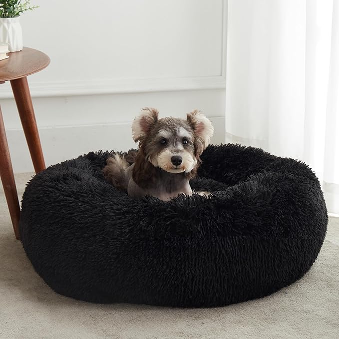 Western Home Calming Donut Cat Bed Small Dog Bed Washable,20" Black | Fluffy Faux Fur Round Cuddler,Anti-Anxiety,Anti-Slip Bottom,Self-Warming Pet Bed for Small Dog&Kitten&Puppy,Up to 12 LBS