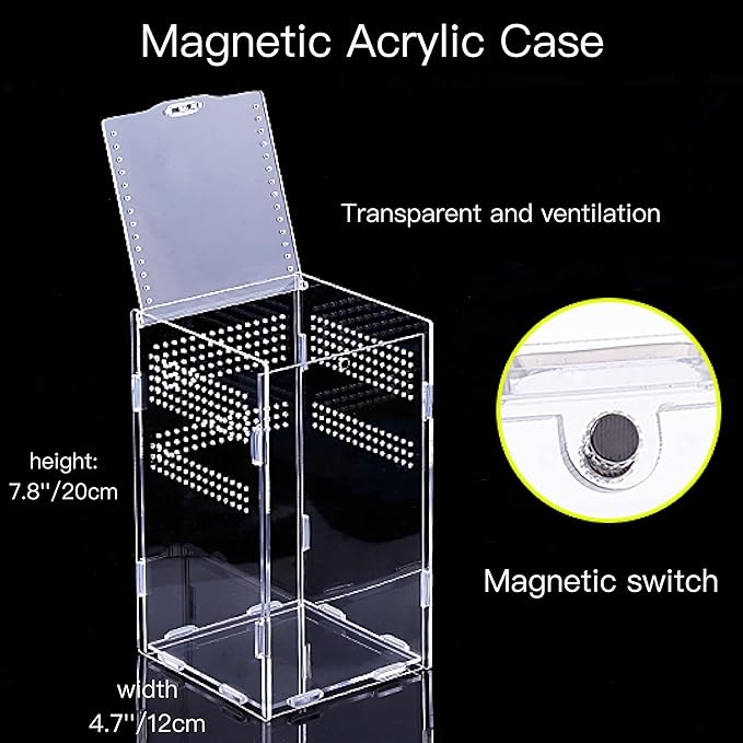 AWXZOM Magnetic Acrylic Case, micro habitat small Tarantula Enclosure enclosure for arboreal Tarantula Scorpion Sling Lizards Mantis Snake Gecko jumping spider snail Insect Isopods (4.7*4.7*7.8 inch)