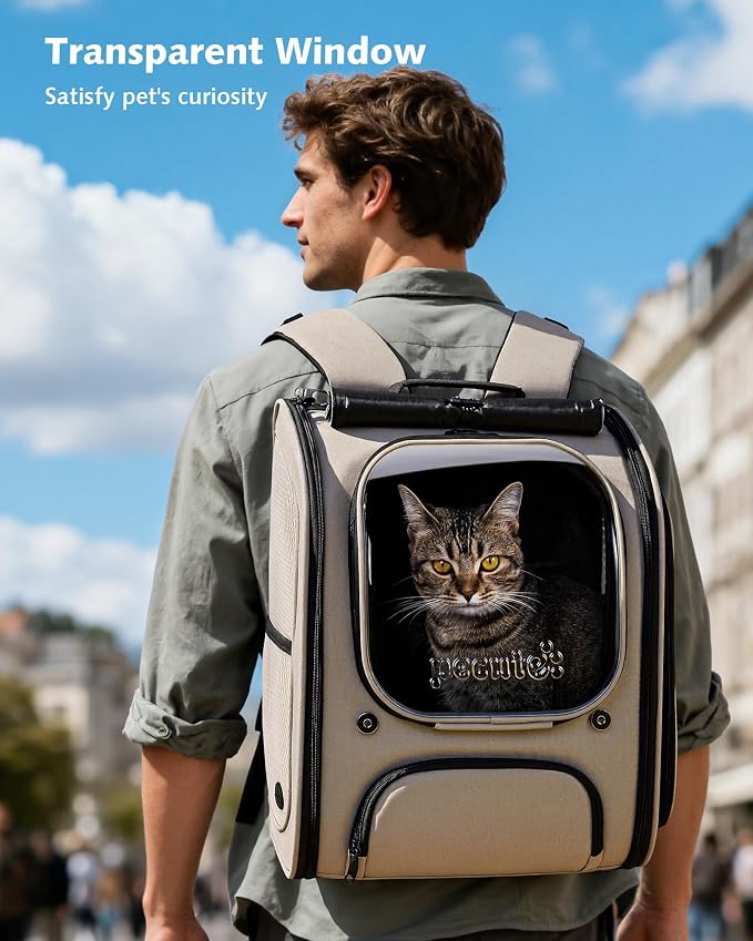 Pecute Cat Backpack Carrier,Large Space Cat Bubble Backpack,Ergonomic,Khaki | Expandable,Sunshade Curtain,Transparent Window,Safety Rope,Sturdy,Large Mesh on Both Sides for Breathability,for Outdoor,Vet