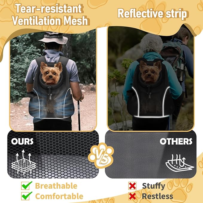 WOYYHO Pet Dog Carrier Backpack, Ventilated Mesh Small Dog Front Backpack | Breathable Puppy Back Pack, with Safety Belt, Storage Pockets, for Travel Hiking Cycling Outdoor Adventures, Black, S