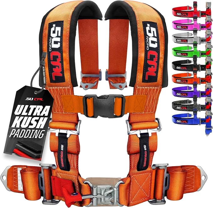 1pc 50 Cal Orange 4 Point Harness 3" straps, Racing Harness Seat Belt | Ultra Kush padding, Push Button quick release hardware. Universal Fit for UTV, RZR, race car