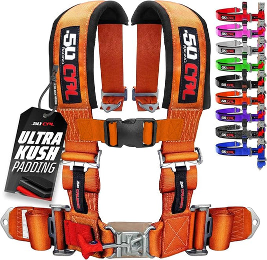 1pc 50 Cal Orange 4 Point Harness 3" straps, Racing Harness Seat Belt | Ultra Kush padding, Push Button quick release hardware. Universal Fit for UTV, RZR, race car