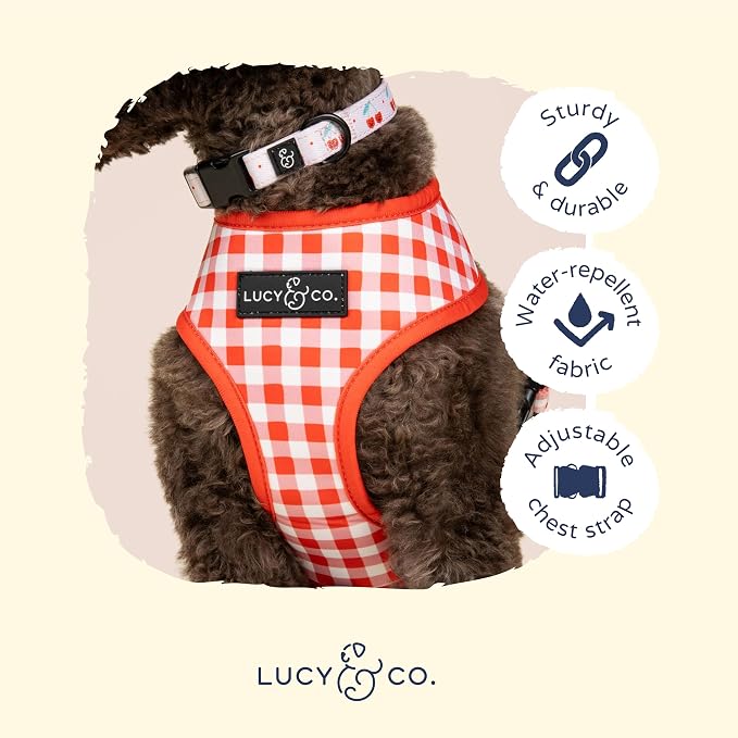 Lucy & Co. Reversible Dog Harness - Water-Repellent Neoprene, Dual-Print Design, Easy Swap Style, Adjustable Comfort Fit - Cheery Cherries Reversible Harness - Medium
