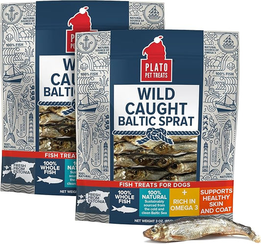 Plato Pet Treats Fish Dog Treats - Air-Dried, Single Ingredient Pet Treat - Omega 3 & 6 Fatty Acids to Support Skin and Coat - 100% Whole Fish - Wild Caught Baltic Sprat - 3 oz - 2 Pack