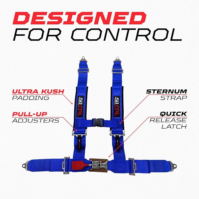 1pc 50 Cal Blue 4 Point Harness 3 inch straps, Racing Harness Seat Belt | Ultra Kush padding, Push Button quick release hardware. Universal Fit for UTV, RZR, race car