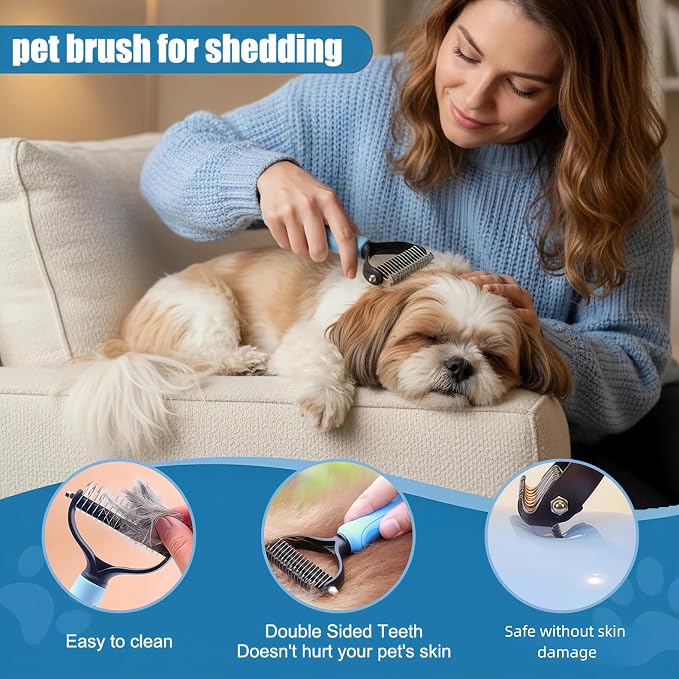 9PCS Dog Bath Kit & Dog Brush Kit for Dogs & Cats - Professional Pet Grooming Tools Set with Shedding Brush, Bath Scrubber, Dematting Comb & Storage Bag - Complete Dog Washing Essentials, Blue