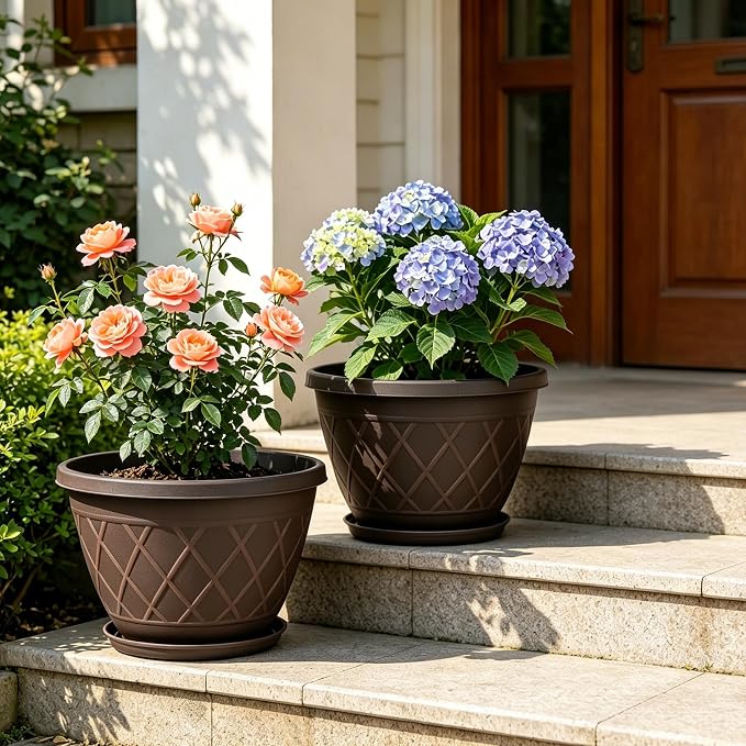 6 Pack 8 Inch Plant Pots, Planters with Drainage Holes & Saucers, Modern Imitation Diamond Pattern Design Plastic Flower Pots for Indoor & Outdoor Plants, Succulents, Flowers, and Herbs (Brown)