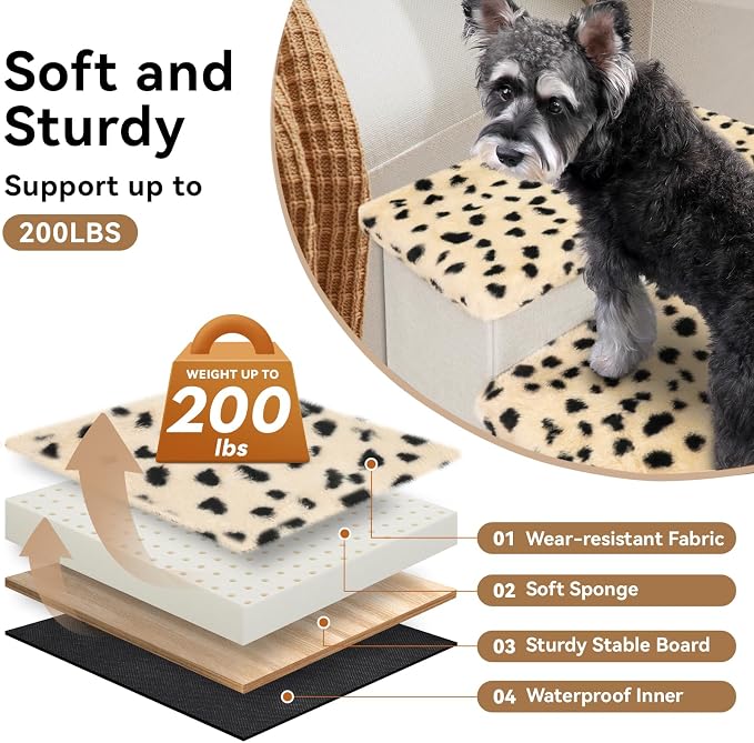 Zerbuger Dog Stairs with Storage, Beige Leopard 3 Steps Dog Ramp no Condo | 18" H Wider Dog Steps for High Beds Couch, Folding Storage Pet Stairs Gift for Climbing Small/Medium/Large Old Dogs Cats