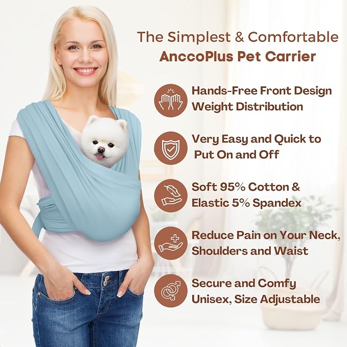 Small Dog Sling Carrier, Hands-Free, Baby Blue, Plus | Patented Front Carrier Reduces Back and Neck Strain; Adjustable, Soft Cotton, 3D Air Mesh for Puppies & Cats up to 20 lb