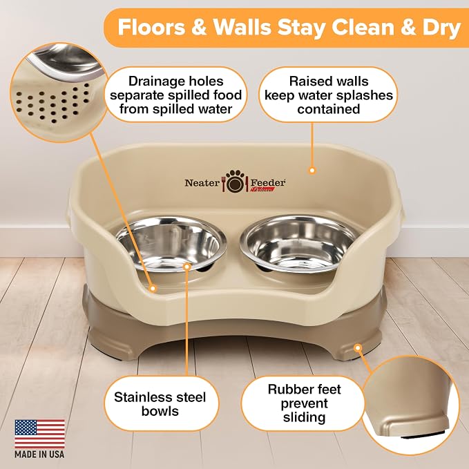 Neater Pet Brands Neater Feeder Deluxe Mess Proof Cat Bowls Elevated, Made in USA, No Spill Raised Bowls for Indoor Cats, Stainless Steel Food and Water Bowl Set, Pet Dish Feeding Station, Cappuccino