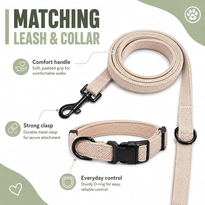 EVERKING 5-Piece Dog Travel Set, Adjustable Harness, Leash, Collar, Poop Bags, Bowtie for Small Medium Dogs, Beige, Breathable No-Pull Design (Beige, M)