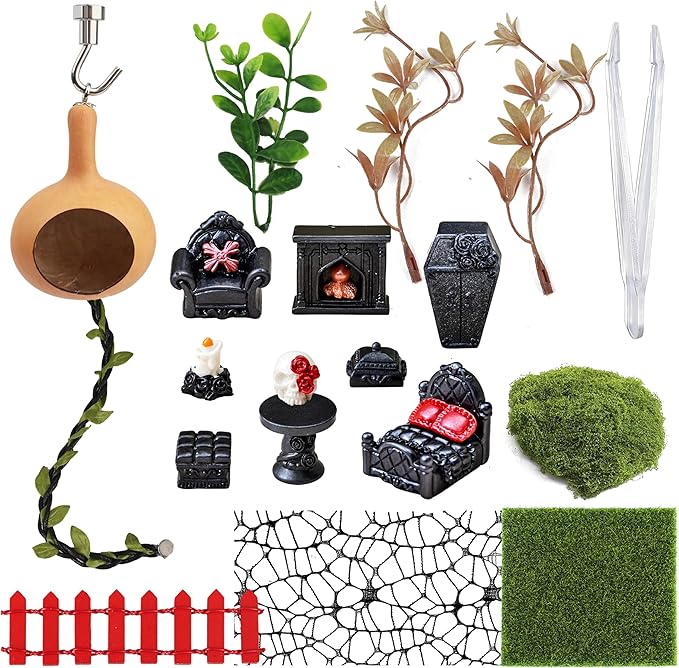 19-in-1 Jumping Spider Enclosure Accessories Kit, Terrarium Decor Set with Furniture, Plants, Hideouts, Moss, Climbing Rope & Net for Tarantula Habitat (No Glue/Enclosure)