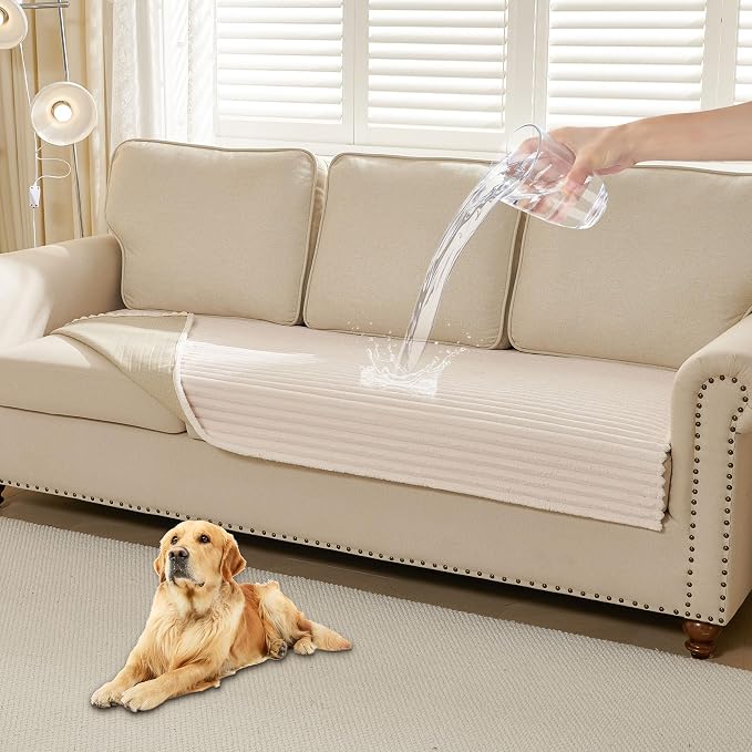 HAOMAIJIA Waterproof Couch Cover for Dogs Washable,Faux Fur Pet Couch Covers for Sofa,Soft Dog Bed Cover Non-Slip Couch Covers for 3 Cushion Couch Sofa Pet Friendly (Off White, 35" x 47" 1 Pack)