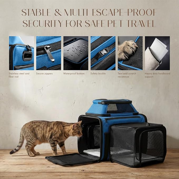 Top-Side Expandable Pet Carrier, Treat Window,18x11x11 Airline Approved | for Delta American United,Soft-Sided Cat Carrier,Anti-Scratch Mesh,Lockable Zippers,Dog Carrier for Kitten,Rabbit,Puppy,Blue