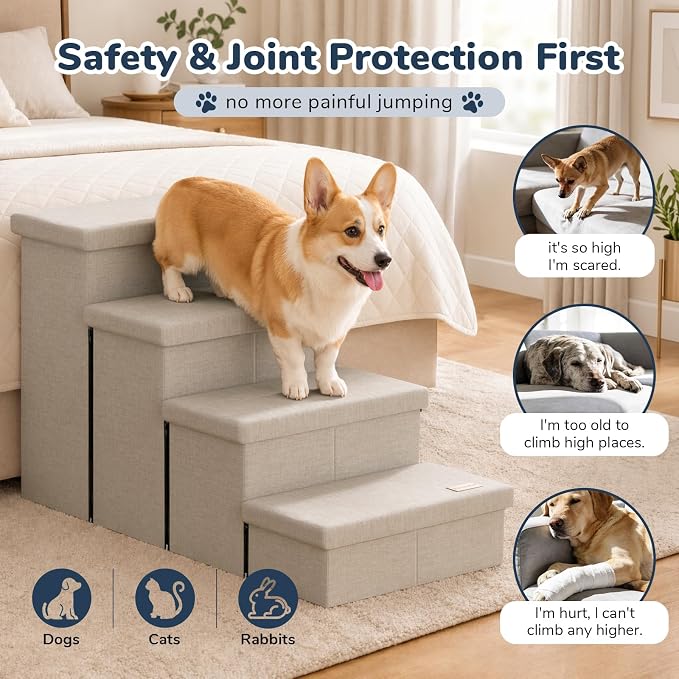 4-Step Wide Dog Stairs with Storage 23" H, Non-Slip Sturdy Pet Steps for High Bed Couch Window, Pet Stairs for Small/Medium/Large Old Dogs Cats Up to 220lbs, Cat Dog Steps for Car/SUV, Beige