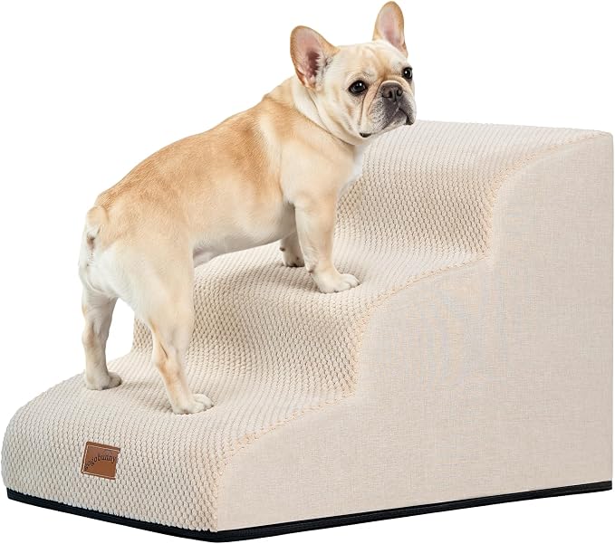GoGoBunny Ramp Dog Stairs for Couch Sofa and Chair 15.7" H, 3-Step Pet Steps for Small Dogs and Cats, Non-Slip Waterproof Fabric Cover, Stable and Balanced Indoor Step, Pets Friendly, Beige