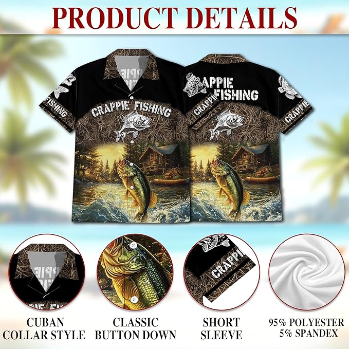 Fishing Crappie Hawaiian Shirt for Men, Button Down Summer Beach Short Sleeve, Fishing Lover Gifts, Sizes S-5XL