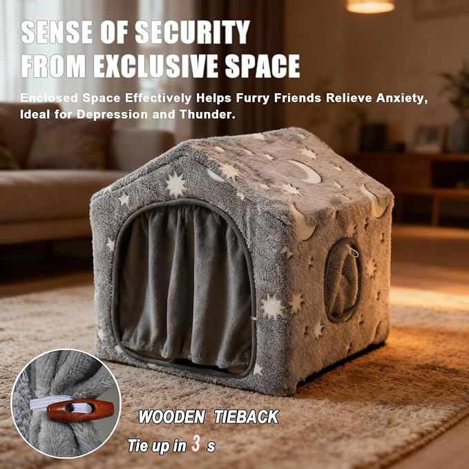 Indoor Dog House, Soft Warm Glow Dog Cave for Cat & Small Dogs | Warm Plush Dog Cave Bed with Sturdy Frame, Machine Washable, Non-slip, for Indoor Dogs and Cats