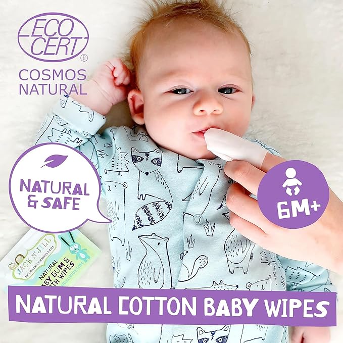 Jack N' Jill Baby Gum & Tooth Wipes - Natural & Safe, Contains only Water & Xylitol, Soft Sterilized Cotton, Free from Fluoride & Sugar, Baby Mouth Wipes - 25 Count, Individually Wrapped