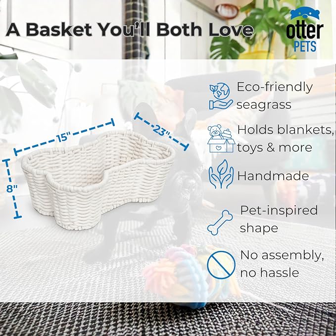 OtterPets Dog Toy Basket, Bone Shaped Cotton Rope Dog Toy Bin, Large 23x15 | Handmade dog and cat toy organizer, large 23 x 15 in; cotton rope construction; dog toy bin