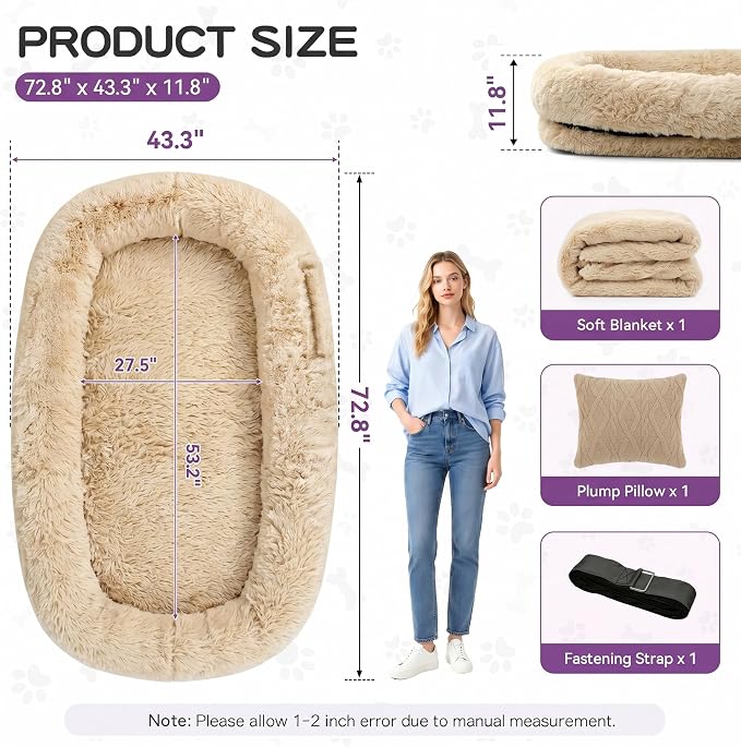 Human Dog Bed with Pillow & Blanket - 71 × 45 × 12 Inch | Oversized Pet Bed for Large Dogs, Leak-Resistant Washable Dog Couch Bed for People & Dogs to Share Beige