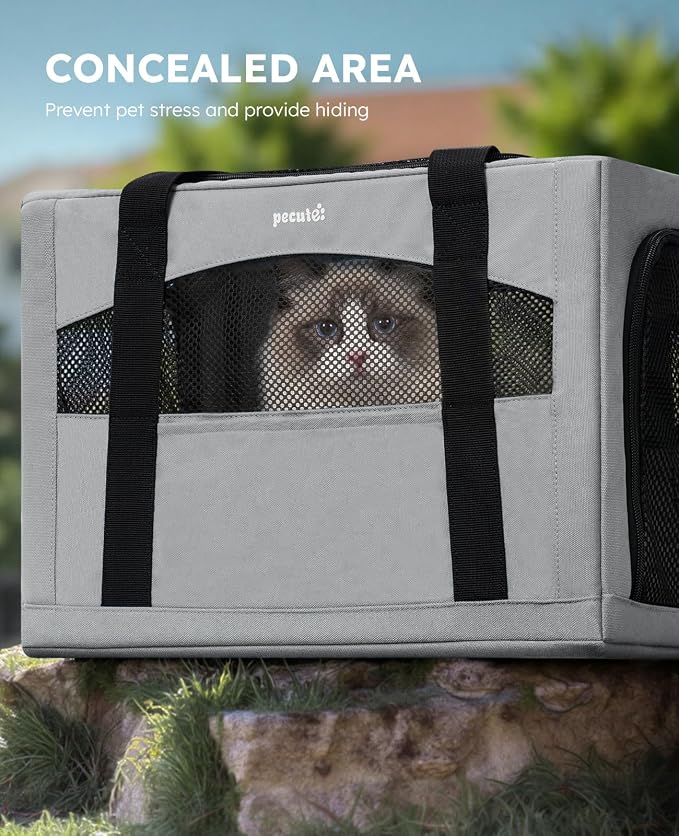 Pecute Cat Carrier Stable, Pet Carrier with Privacy Partition,Gray | Safe For Car Travel, Stable Steel Frame, Soft-Sided Pet Carrier Bag For Dogs And Cats Up To 15lbs, Foldable Design,XL.