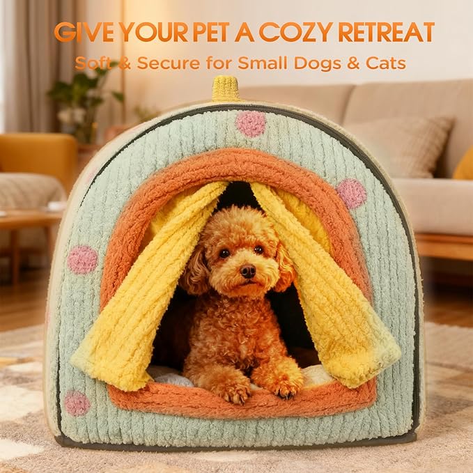 Dog House Indoor for Small Dogs, Green, S | 2-in-1 Enclosed Dog Bed with Cover Cave & Curtain, Dog Tent with Plush Washable Cushion, Inside Dog House for Pets